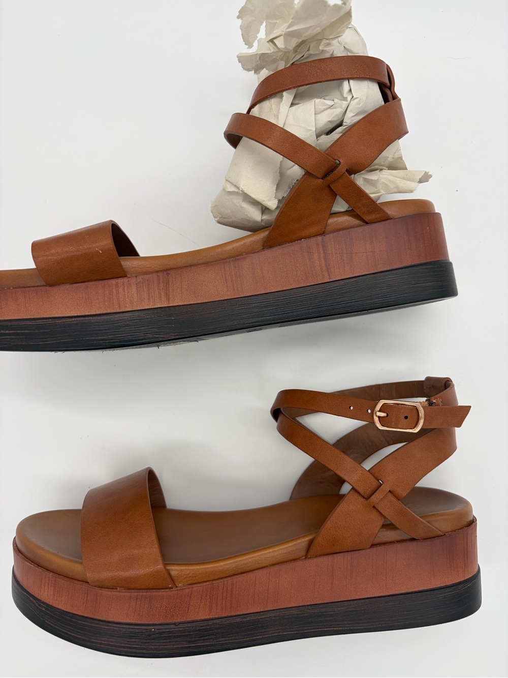 Women’s Brown Leather Platform Sandals with Ankle Straps